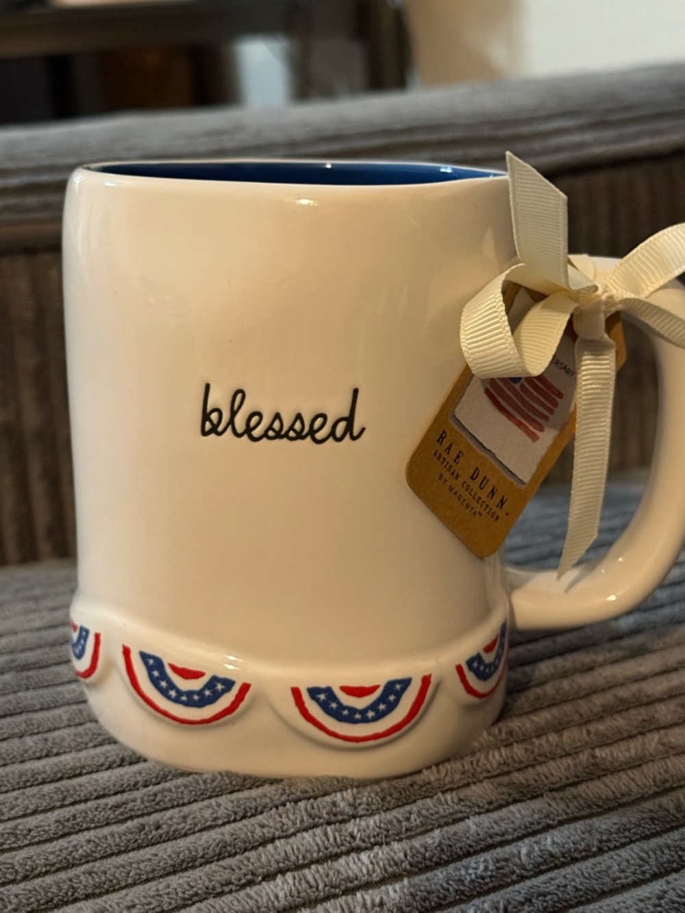 Rae Dunn White Mug with Patriotic Red & Blue Accents